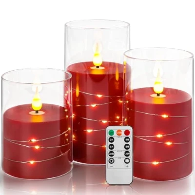 Imagen de Da by vela LED roja temporizador remoto, columna de plexiglás incrustada con luz cadena alambre cobre, batería realista 3 piezas [Clase eficiencia energética A]