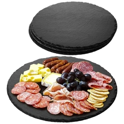 Imagen de Navaris Plato llano de pizarra natural 4x Bandejas para servir alimentos quesos aperitivos tapas sushi Tablas Redondas piedra 28 cm