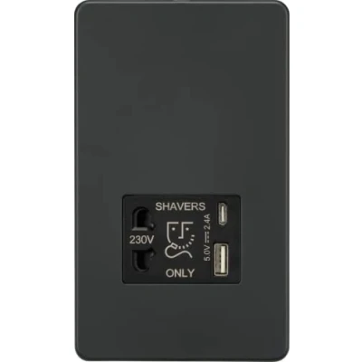 Imagen de Knightsbridge Enchufe de afeitadora sin tornillos con doble USB A+C (5V DC 2.4A compartido) Antracita