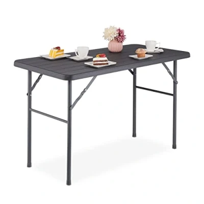 Imagen de Relaxdays Mesa Jardín, Efecto Madera, Rectangular, 74 x 118 60 cm, Plástico, Metal, Tablero Terraza Plegable, Gris, Acero