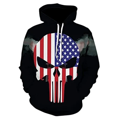 Imagen de Sudaderas de Manga Larga para Hombre con Estampado Bandera Americana Sudadera Capucha Calavera Moda Pullover Bolsillo