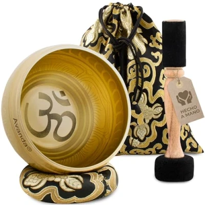 Imagen de Juego de Cuenco Tibetano Om para Yoga, Meditación y Relajación Pintado a Mano Ø 10 cm, Mazo Doble con Fieltro Cuero, Cojín Anular, Bolsa e Instrucciones