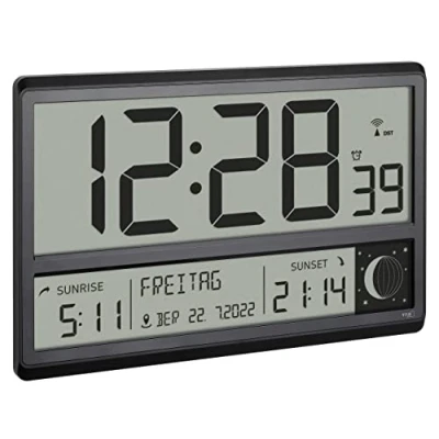 Imagen de TFA Dostmann Reloj de Pared Digital XL inalámbrico 60.4524.01 con Salida y Puesta del Sol, Alarma Despertador, números Grandes, Fases la Luna, silencioso, Negro