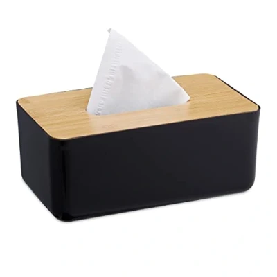 Imagen de Relaxdays Caja Pañuelos Papel, Portapañuelos, Dispensador Plástico Toallitas, Tapa Madera, 10x23x13 cm, Negro/Natural