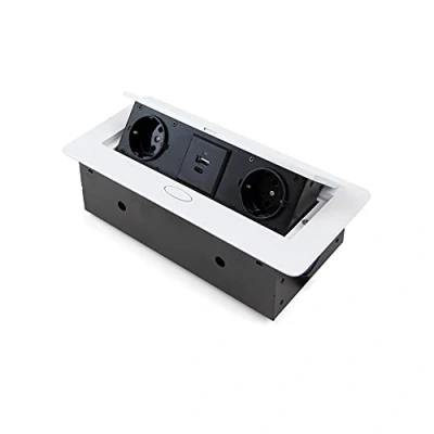 Imagen de Emuca Regletas Enchufe, Regleta de enchufes para Escritorio, 2 EU + 1 USB Tipo A C, 265x120mm, Acero y Aluminio, Pintado Blanco