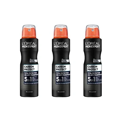 Imagen de L&#039;Oréal Men Expert Desodorante para hombres, 5 en 1 contra la formación de olores, humedad, bacterias y residuos blancos hasta 48 horas frescura, Carbon Protect, 3 x 150 ml