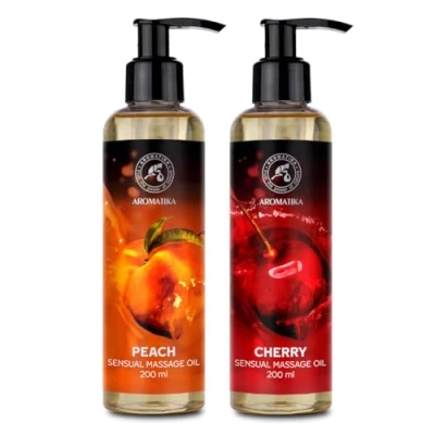 Imagen de Aceite de Masaje Sensual Set 2x200ml Durazno y Cereza con Aceites Naturales Almendras Semilla Uva Macadamia Corporal para Él Ella Relajación