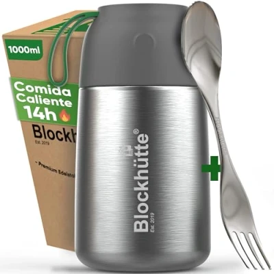 Imagen de Blockhuette Termo para comida calientes de acero inoxidable I 1 litros Con cepillo y tenedor, cucharaI papillero termico bebe adultos niños solidos papillas, Recipiente