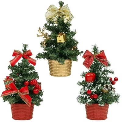 Imagen de Belle Vous Mini Árbol de Navidad Artificial Mesa con Luces LED (Pack 3) 20 cm Decoracion Bayas, Piñas Pino y Lazos Adornos Navideños para el Hogar, Sala Estar