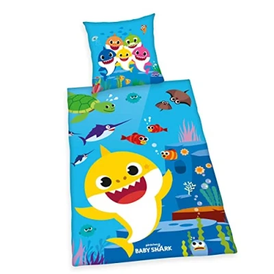 Imagen de Klaus Herding GmbH Baby Shark Ropa de Cama, Funda Almohada 80 x cm, nórdica 135 200 con Tira Botones, 100% algodón Reforzado