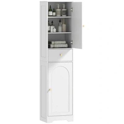 Imagen de HOMCOM Armario Alto de Baño Estrecho con 2 Puertas Arqueadas Cajón y Estantes Ajustables Columna Estilo Moderno para Salón Aseo Cocina 40x29,5x170 cm Blanco Veteado