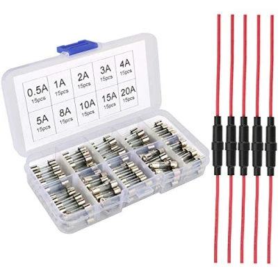 Imagen de Gebildet 5pcs 5x20mm AGC Inline 250V 20A Tipo de Tornillo Portafusibles con 16 AWG Alambre + 150pcs Fusible Tubo Vidrio Rápido Soplo
