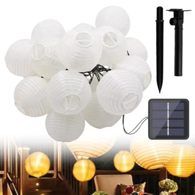 Imagen de HOSPAOP Guirnalda de luces solares para exteriores, resistente a la intemperie, 12 m, 40 LED, farolillos 8 modos, decoración jardín, balcón, terraza, boda, blanco cálido