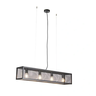 Imagen de Qazqa Lámpara colgante industrial negra malla 4 luces Cage Acero Rectangular Adecuado para LED Max. x 40 Watt
