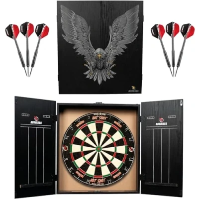 Imagen de RUTHLESS Home Darts Centre Centro completo de tablero dardos para el hogar, incluye gabinete, diana y 2 juegos (águila)