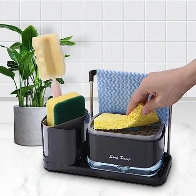 Imagen de Dosificador Jabon Cocina, Organizador de Fregadero Negro con Bandeja y Soporte para Esponja, detergente Recargable，Dispensadores Bomba jabón Porta esponjas