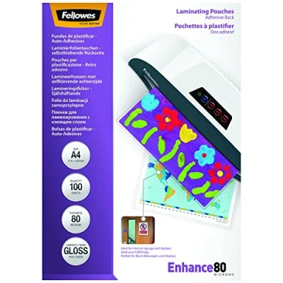 Imagen de Fellowes 5302202 100 fundas de plastificar auto adhesivas, 80 micras, formato A4 (216 x 303 mm)