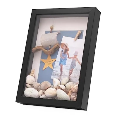 Imagen de PHOTOLINI 3D Marco de Fotos A4 21x30 cm para Rellenar, Negro, con Profundidad Objetos hasta 3 cm, Madera MDF paspartú y Cristal Manualidades como Regalo