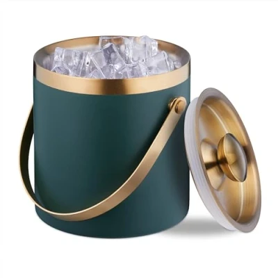 Imagen de Relaxdays Cubitera Acero Inoxidable, Tapa, Doble Pared, Cubo Hielo con Asa, 1,5 l, Cubeta Botellas, Verde/Dorado, 17 x 16 cm