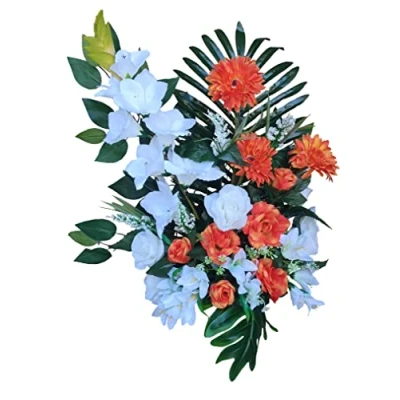 Imagen de DRW Centro de Flores Artificiales Cementerio, Santos, Aniversarios pie Tonos Naranjas y Blanco (Jarron 70x49x30 cm)
