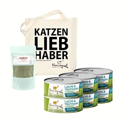 Imagen de I love my cat Juego de alimento para gatos con sobrepeso, sin cereales, comida húmeda salmón y pavo 6 x 100 g complemento alimenticio shiitake 50 ingredientes artificiales