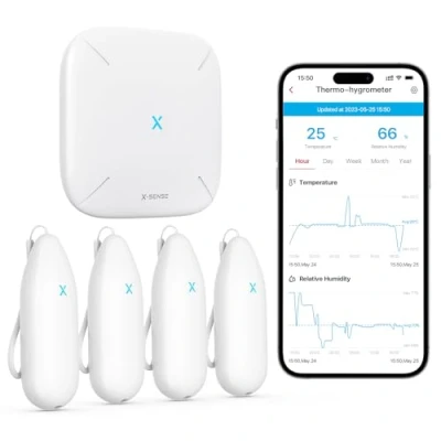 Imagen de X Sense Termómetro higrómetro inalámbrico para interiores, control de temperatura y humedad mediante aplicación, alcance 500 m, exportación datos gratuita, compatible con Alexa, 4 sensores 1