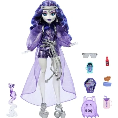 Imagen de Monster High Spectra Vondergeist Muñeca con su mascota hurón Rhuen y accesorios que incluyen una mochila, tablet, aperitivos más, HXH77