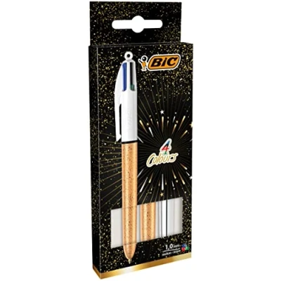 Imagen de BIC 4 Colores Bolígrafos de Punta Media (1,0 mm) Cuerpo Surtidos (Texturizado Escarchado Dorado y Plateado), Pack 3