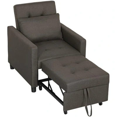 Imagen de HOMCOM Sofá Cama de 1 Plaza 3 en Tapizado Lino con Respaldo Ajustable Niveles y Almohada Acolchada para Oficina Dormitorio Salón 69x82,5x84 cm Marrón Oscuro