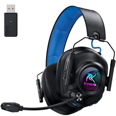 Imagen de Krysenix KGH2 Cascos Gaming Inalámbricos, 2.4 GHz Auriculares para PS4, PS5, PC, Mac, Switch, Bluetooth con Micrófono, Cancelación de Ruido, Luz LED y Duración 40Hr+, Negro Azul