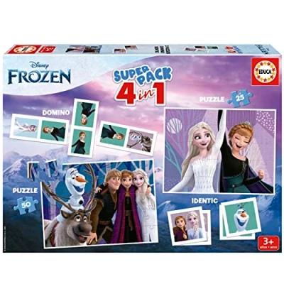 Imagen de Educa Superpack Frozen, Juegos de Mesa Infantiles como Domino, Identic y 2 Puzzles 25 50 Piezas, Múltiples Posibilidades Juego para Jugar Solo o acompañado, A Partir 3 años (19737)