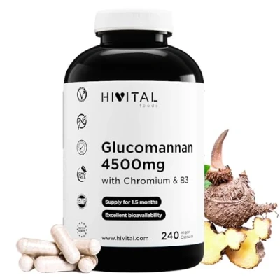 Imagen de Glucomanano 4500 mg. 240 cápsulas veganas para 1,5 meses. Glucomannan a partir de fibra vegetal raíz Konjac con Cromo y Vitamina B3. Saciante Natural ideal tanto mujer como hombre.