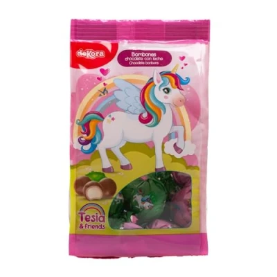 Imagen de Dekora Pack Bombones de Chocolate Rellenos Crema Leche y Diseño Unicornio Tesia 100g, Ideal para Fiestas Infantiles Cumpleaños. Divertidos deliciosos