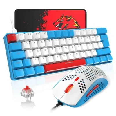 Imagen de T60 Juego de Teclado y Mouse con Cable, Mecánico 60% Compacto 62 Teclas, 19 Luces LED Arcoíris, UK Layout + Ratón para Juegos PS4 6400 dpi Pad PC, Mac Interruptor Rojo/Azul