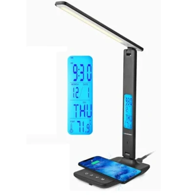 Imagen de Blaupunkt Lámpara LED de Sobremesa con Cargador Inalámbrico Puerto Carga USB Mesa Regulable 5 Modos Color Brazo Ajustable Oficina Luz Lectura Pantalla LCD Negro