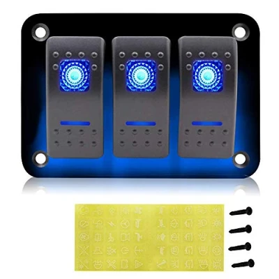 Imagen de Geloo Panel de Interruptores 3Gang Universales Aluminio 12V Interruptor Basculante Precableado 5 pines Encendido/Apagado Azul LED Retroiluminados