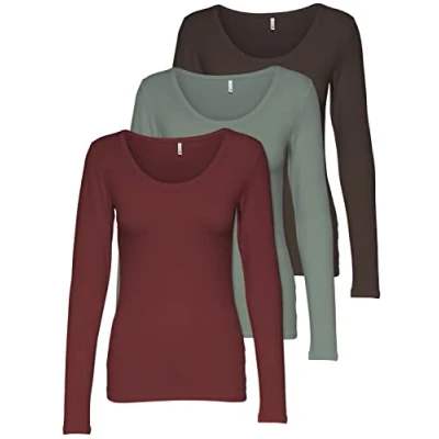 Imagen de ONLY 15209156 Paquete de 3 camisetas manga larga para mujer, color negro y blanco, básicas verano, 95 % algodón, tallas XS, S, M, L, XL, XS
