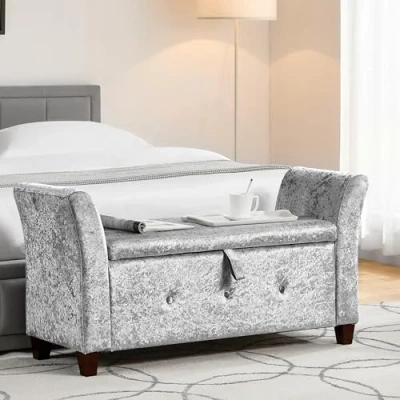 Imagen de Vida Designs Seville Otomana Tela con Tapa, Asiento, Taburete, Banco de Ventana, baúl, Caja Almacenamiento Juguetes, Puff, reposapiés, Terciopelo Plateado, H 60 x W 120 D 45 Cm Approx