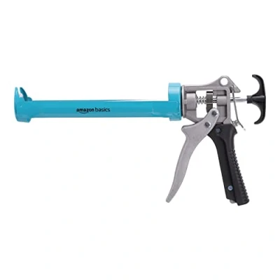 Imagen de Amazon Basics Pistola para sellado de calafateo, resistente, 310ml, relación fuerza 12:1, mango aluminio con empuñadura soporte plástico, Azul y gris