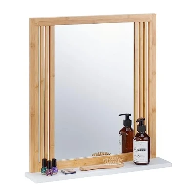 Imagen de Relaxdays Espejo de Baño con Balda, Bambú y MDF, Rectangular, 56,5 x 54 10 cm, Montaje a la Pared, Natural Blanco