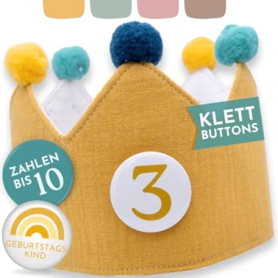 Imagen de BJORKI® corona de cumpleaños para niña y niño muselina, segura con botones velcro, reversible números del 1 al 10, diversión DIY, ritual niños