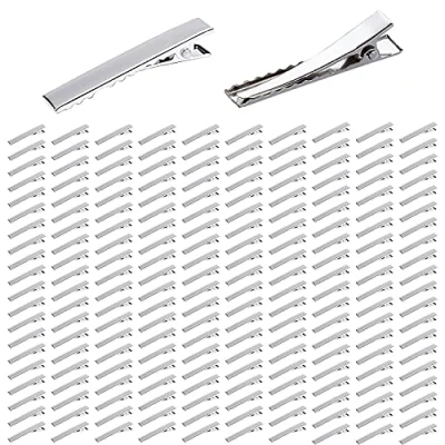 Imagen de Paquete de 200 pinzas pelo cocodrilo metal plateado 45 mm una sola punta rizada pico pato, pasadores con dientes para el pelo, lazo manualidades