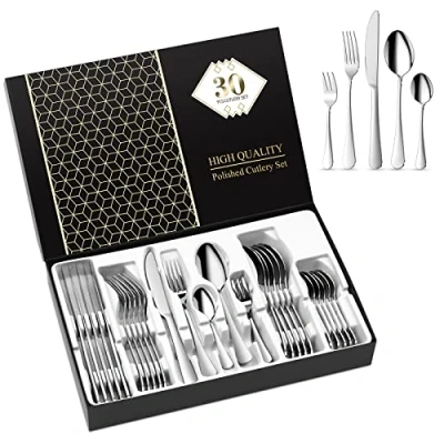 Imagen de Aoeeppa Juego de Cubiertos Acero Inoxidable 30 Piezas, Cubertería Mesa para 6 Personas, Pulido Espejo, Set con Cuchillo, Tenedor, Cuchara, Cucharilla, Tenedor Postre (Plata)