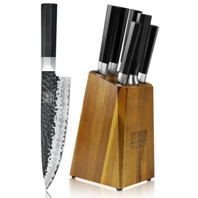 Imagen de SHAN ZU 7 Piezas Juego de Cuchillos Cocina con Bloque, Set Afilados en Acero 9Cr18MOV Capas, Cuchillo Japonés Forjado a Mano, Bloque Chef, Mango G10 TAKUMI Series