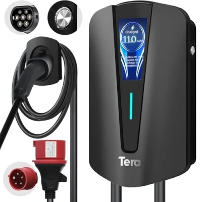 Imagen de Tera EV Cargador Type 2 11KW estación de Carga doméstica Wallbox para automóvil eléctrico y Soporte Cable trifásico con Enchufe CEE 16A 400V vehículos eléctricos PHEV Q8 Negro.