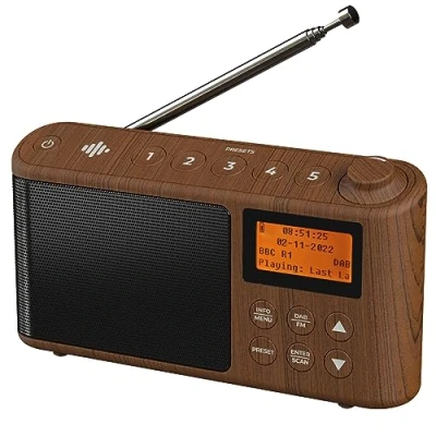Imagen de i box Radio Portatil Pequeña Dab/Dab+ y FM, Transistores Digital Alimentado por Batería Red Principal, Recargable con Carga USB hasta 15 Horas de Reproducción (Efecto Madera)