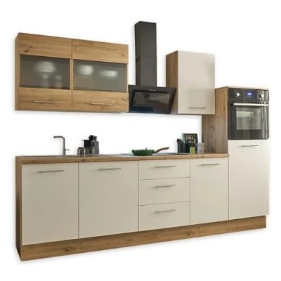 Imagen de cocina moderna Capri sin electrodomésticos en blanco, aspecto de roble artesano, certificado FSC, amplia equipada con mucho espacio almacenamiento, 280 x 168 58 cm (ancho alto