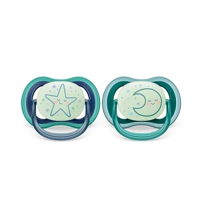 Imagen de Philips Avent Ultra Air Soother: 2 chupetes ligeros y transpirables que brillan en la oscuridad para bebés de 6 a 18 meses, sin BPA con funda transporte esterilizadora (modelo SCF376/13)
