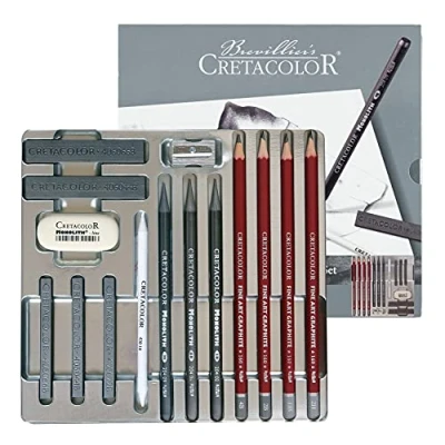 Imagen de CRETACOLOR Silver Box Graphite Drawing Set, juego de dibujo grafito, 15 piezas, para principiantes y profesionales, en estuche metálico, incl. goma borrar