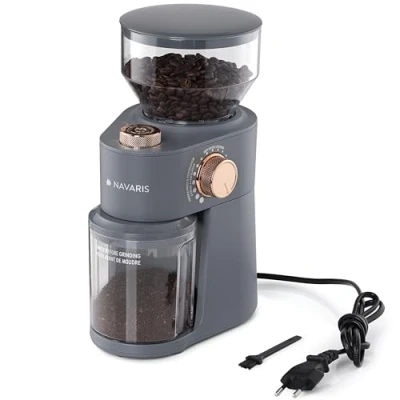 Imagen de Navaris Molinillo de Café Eléctrico Molino Regulable Granos Semillas Frutos Secos Especias Moledor Profesional para hasta 14 Tazas Color Gris Mate y Oro Rosa